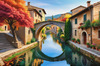 Printable Art of Italian Village in Autumn with Stone Bridges and Reflective Leaves