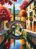 Printable Art of Italian Village in Autumn with Stone Bridges and Reflective Leaves