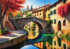 Printable Art of Italian Village in Autumn with Stone Bridges and Reflective Leaves