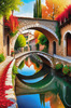 Printable Art of Italian Village in Autumn with Stone Bridges and Reflective Leaves