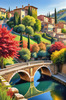 Printable Art of Italian Village in Autumn with Stone Bridges and Reflective Leaves