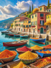Italian Coastal Village during Harvest Season with Fishers and Autumn Colors Printable Art