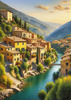Realistic Landscape Print of a Sleepy Italian Hamlet by the River