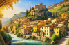 Realistic Landscape Print of a Sleepy Italian Hamlet by the River