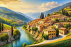 Realistic Landscape Print of a Sleepy Italian Hamlet by the River
