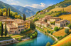 Realistic Landscape Print of a Sleepy Italian Hamlet by the River