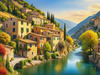 Realistic Landscape Print of a Sleepy Italian Hamlet by the River