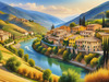 Realistic Landscape Print of a Sleepy Italian Hamlet by the River