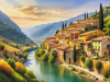 Realistic Landscape Print of a Sleepy Italian Hamlet by the River