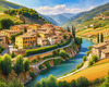 Realistic Landscape Print of a Sleepy Italian Hamlet by the River