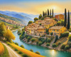 Realistic Landscape Print of a Sleepy Italian Hamlet by the River