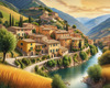 Realistic Landscape Print of a Sleepy Italian Hamlet by the River