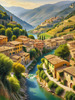 Realistic Landscape Print of a Sleepy Italian Hamlet by the River