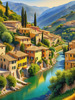 Realistic Landscape Print of a Sleepy Italian Hamlet by the River