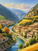 Realistic Landscape Print of a Sleepy Italian Hamlet by the River