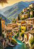 Realistic Landscape Print of a Sleepy Italian Hamlet by the River