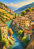 Realistic Landscape Print of a Sleepy Italian Hamlet by the River