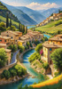Realistic Landscape Print of a Sleepy Italian Hamlet by the River