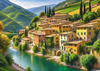 Realistic Landscape Print of a Sleepy Italian Hamlet by the River