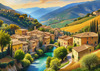 Realistic Landscape Print of a Sleepy Italian Hamlet by the River