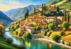 Realistic Landscape Print of a Sleepy Italian Hamlet by the River