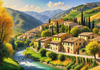Realistic Landscape Print of a Sleepy Italian Hamlet by the River