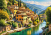 Realistic Landscape Print of a Sleepy Italian Hamlet by the River