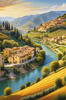 Realistic Landscape Print of a Sleepy Italian Hamlet by the River