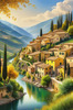 Realistic Landscape Print of a Sleepy Italian Hamlet by the River