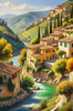 Realistic Landscape Print of a Sleepy Italian Hamlet by the River