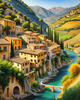 Realistic Landscape Print of a Sleepy Italian Hamlet by the River