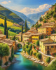 Realistic Landscape Print of a Sleepy Italian Hamlet by the River