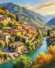 Realistic Landscape Print of a Sleepy Italian Hamlet by the River