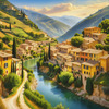 Realistic Landscape Print of a Sleepy Italian Hamlet by the River