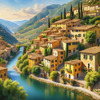 Realistic Landscape Print of a Sleepy Italian Hamlet by the River