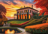 Printable Art of Italian Village at Sunset with Autumn Leaves