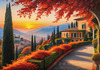 Printable Art of Italian Village at Sunset with Autumn Leaves