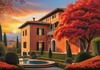 Printable Art of Italian Village at Sunset with Autumn Leaves