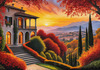 Printable Art of Italian Village at Sunset with Autumn Leaves