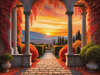 Printable Art of Italian Village at Sunset with Autumn Leaves