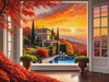 Printable Art of Italian Village at Sunset with Autumn Leaves