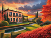 Printable Art of Italian Village at Sunset with Autumn Leaves