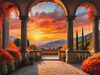 Printable Art of Italian Village at Sunset with Autumn Leaves