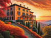 Printable Art of Italian Village at Sunset with Autumn Leaves