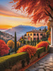 Printable Art of Italian Village at Sunset with Autumn Leaves
