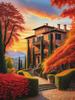 Printable Art of Italian Village at Sunset with Autumn Leaves