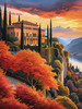 Printable Art of Italian Village at Sunset with Autumn Leaves