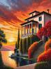 Printable Art of Italian Village at Sunset with Autumn Leaves