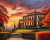 Printable Art of Italian Village at Sunset with Autumn Leaves