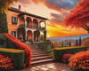 Printable Art of Italian Village at Sunset with Autumn Leaves